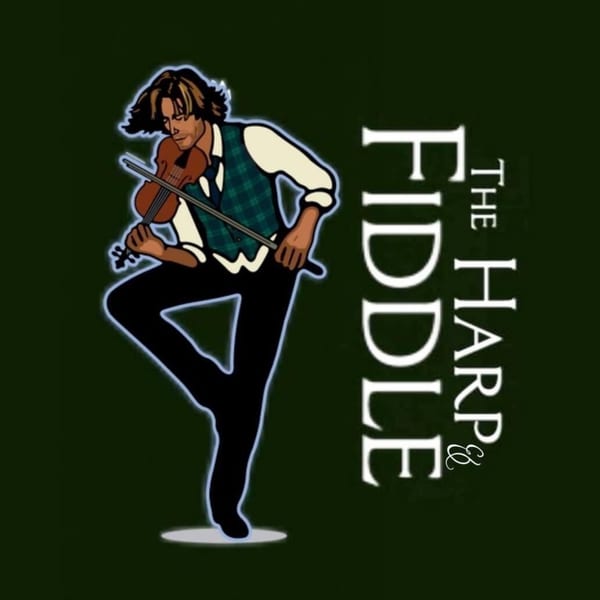 Cartoon man in a plaid vest playing a violin, with "The Harp & Fiddle" text.