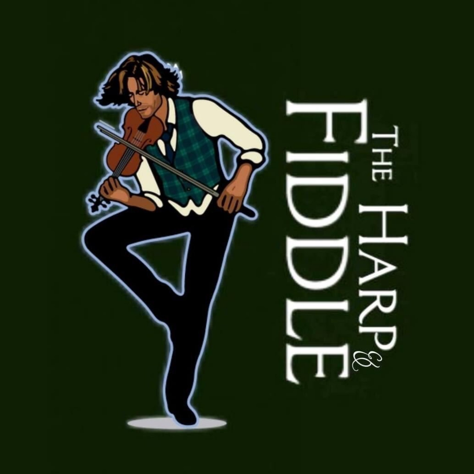 Cartoon man in a plaid vest playing a violin, with "The Harp & Fiddle" text.